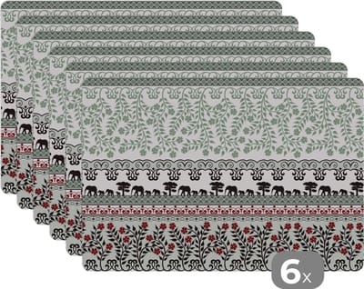 Placemat - Placemats kunststof - Planten - Olifant - Patroon - 45x30 cm - 6 stuks - Hittebestendig - Anti-Slip - Onderlegger - Afneembaar