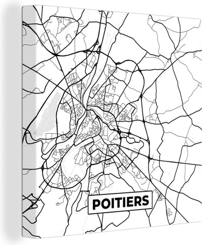 Canvas Schilderij Frankrijk - Plattegrond - Poitiers - Stadskaart - Kaart - Zwart wit - 20x20 cm - Wanddecoratie