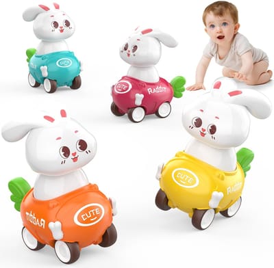 Namajunas - Speelgoed auto - Vanaf 1 jaar jongens en meisjes - 4 stuks auto speelgoed baby dierenraceauto - Press-and-go speelgoedvoertuigenset voor peuters 10-12-18 maanden - cadeau voor kinderen van 1 2 3 jaar - konijn