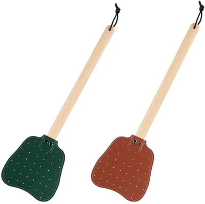 Allecto - Leren Vliegenmeppers - Handmatige Vliegenmepper - Lange Houten Handgreep - Bruin en Donkergroen - Zware Vliegenmepper - Voor Binnen - 2 S...