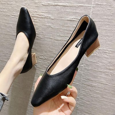 Koreaanse Versie Instappers Leren Loafers Dames Nieuwe Vierkante Neus Dikke Hak Enkele Schoenen Feeënstijl 40 black
