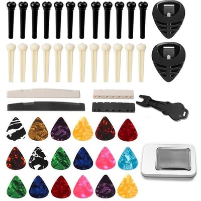 Accessoireset voor akoestische folkgitaren inclusief brugpinnen + gitaarmoeren + celluloid plectrums + gitaar