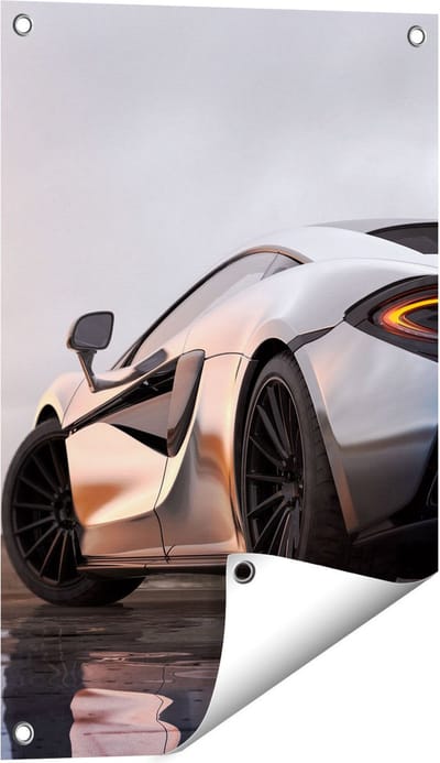 Gards Tuinposter Zilveren Sportwagen Auto bij Zonsondergang - 40x60 cm - Tuindoek - Tuindecoratie - Wanddecoratie buiten - Tuinschilderij