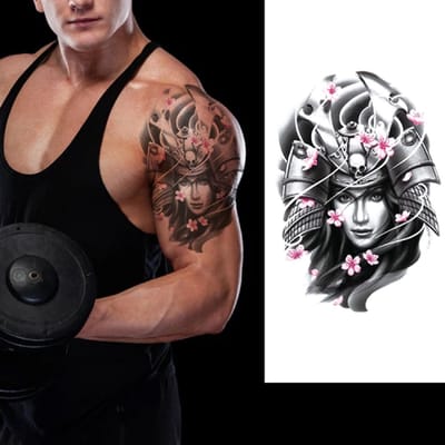 Temporary Tattoo Vrouw met Roze Bloesem (A5 formaat) [Neptattoo - Tijdelijke tatoeage - Nep Fake Tattoos - Water Overdraagbare Sticker Henna - Glitter Tattoo Set - Plak Tattoos - Nep Tatoeage - Festival Tattoes]