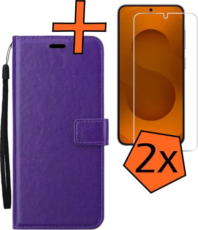 Hoes - Met 2x Screenprotector - Geschikt voor Samsung Galaxy S25 - Luxe Pasjeshouder - Bookcase Portemonee - Flip Case - Kunstleer Book Case - Flipcase Hoes - Book Cover - Walletcase - PortemonneeHoes - Paars