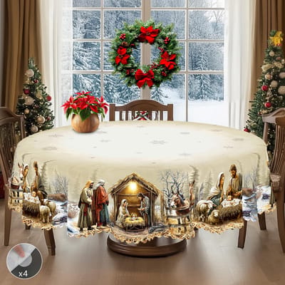 Kerst Vintage Boerderij Tafelkleed met Kerstman, rendieren & Kerstboom prints. Rechthoekige & ronde maten voor Kerst/Nieuwjaarsfeesten, keuken, binnen & 140x180cm