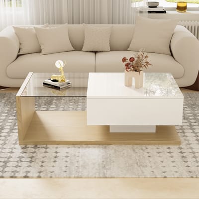 REDOM Salontafel 105x55x32,5 cm van spaanplaat en gehard glas, hoogglans wit en naturel met LED-effect