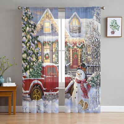 Kerst Sneeuwpop Deur Ballon Moderne Tule Gordijnen Voor Woonkamer Slaapkamer Huis Keuken Raam Transparante Gordijnen 135W x 114H(cm)