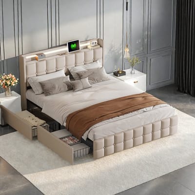 Gestoffeerd bed 140x200cm, hoofdbord met ledverlichting en oplaadpoort, opbergbed met 4 lades, opbergbedframe, lattenbodem, beige beddengoed