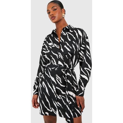 boohoo Dames Hoge Geweven Zebra Overhemdjurk met Ceintuur | Black | Maat: 10