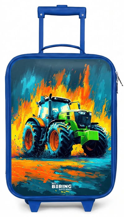 NoBoringSuitcases.com® - Kinderkoffer blauw - Kindertrolley jongen - Tractor - Groen - Abstract - Penseelstreken - Koffer kind lichtgewicht - Reiskoffer trolley voor kinderen - Koffertje met lichtgevende wieltjes - Rolkoffer
