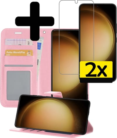 Hoesje - Met 2x Screenprotector - Geschikt voor Samsung Galaxy S23 - Luxe Pasjeshouder - Bookcase Portemonee - Flip Case - Kunstleer Book Case - Flipcase Hoes - Book Cover - Walletcase - Portemonneehoes - Telefoonhoesjes - Lichtroze