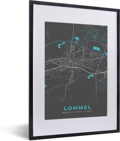 Fotolijst incl. Poster - België – Lommel – Stadskaart – Kaart – Blauw – Plattegrond - 30x40 cm - Posterlijst