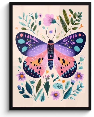 Poster in lijst - Fotolijst 60x80 cm - Posters - Bloemen - Bladeren - Vlinder - Kleurrijk - Posterlijst zwart - Decoratie - Wanddecoratie woonkamer - Muurdecoratie slaapkamer