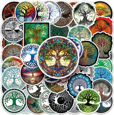 50 Ronde Stickers met Bomen - Tree of Life Laptopstickers - 5CM - Natuur, Spiritueel, Celtic