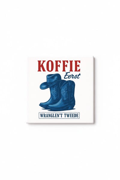 Koffie Eerst Tegel – Western Cowboylaarzen Design – “Wrangelen Tweede” Keramische Decoratieve Tegel Cadeau voor Koffieliefhebbers