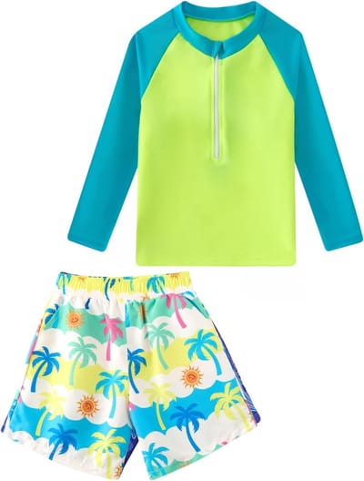 Lange Mouwen Zwemset voor Jongens, 2-delige Rashguard Badkleding met Rits en Korte Zwemshorts voor Kinderen van 3-12 Jaar met Zakjes