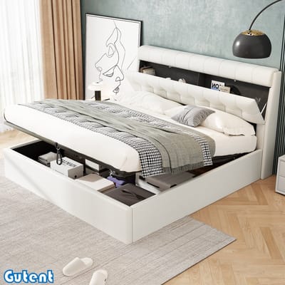 Gutent Gestoffeerd bed-160x200cm-Hydraulisch bed-Opbergruimte aan het hoofdeinde van het bed-Polyurethaan-Geen matras-Wit