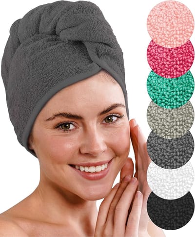 Famanu - Set van 2 katoenen haartulbanden met knoop en 8 haarbanden, absorberend en sneldrogend – Antraciet