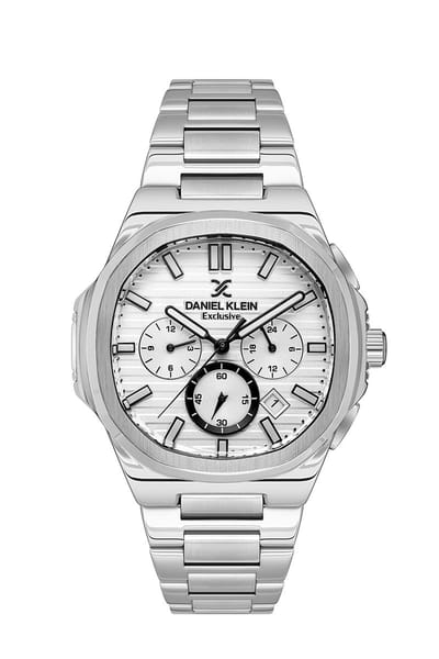 Daniel Klein DK.1.13614-1 - Horloge - Analoog - Mannen - Heren - stalen band - Achthoek - Metaal - Strepen - Datumaanduiding - Stopwatch - Chronograaf - 12/24H - Zilverkleurig - Wit