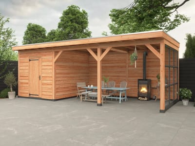 Douglas overkapping, 750 x 300, met schuur en achterwand, Westwood Comfort Plus