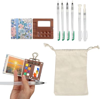 Mini Watercolor Set voor Reizen, Draagbaar Palet met Opbergtas en 6 Penseelkwasten voor Kunstenaars en Studenten