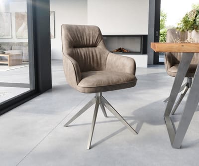 Gestoffeerde-stoel Zelia-Flex met armleuning kruisframe breed roestvrij staal microvelours taupe vintage pocketveer kern