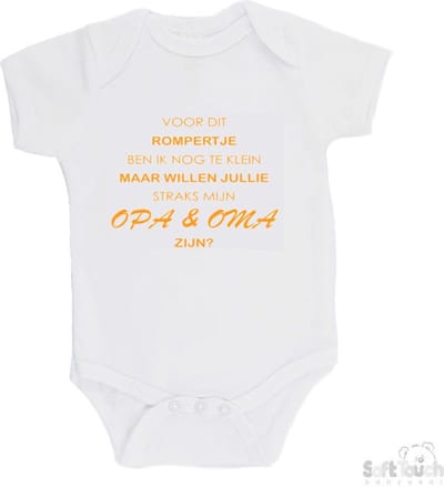 100% katoenen Romper "Voor dit rompertje ben ik nog te klein maar willen jullie straks mijn opa & oma zijn" Unisex Katoen Wit/mosterd Maat 56/62