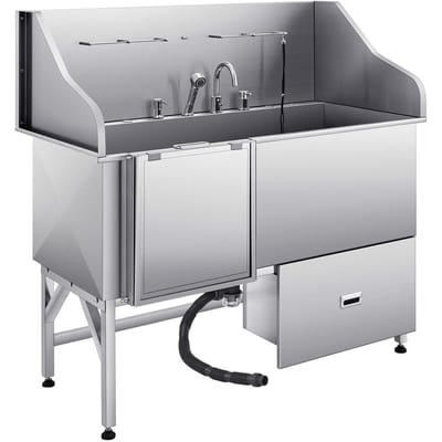 Baignoire de toilettage pour chien 155 cm Acier inoxydable avec rampe Filtre à eau Gauche