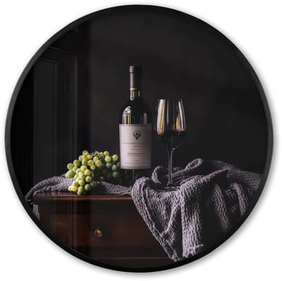 Poster in lijst Rond - Fotolijst 60x60 cm - Posters - Druiven - Wijn - Rood - Tafel - Ronde posterlijst zwart - Decoratie - Wanddecoratie woonkamer - Muurdecoratie slaapkamer