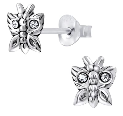 Joy|S - Zilveren vlinder oorbellen - geoxideerd - kristal - 7 x 8 mm