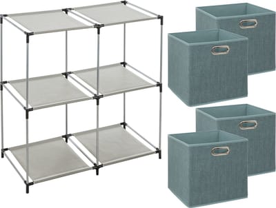 5Five Kastmandjes/opberg manden - ijsblauw - 4x stuks van 29 Liter - Metalen rekje is 67 x 68 cm