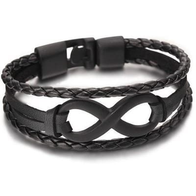 Leren Armband - Zwart Leer met Zwarte Infinity Hanger - Leren Armbanden Heren Dames - Papa Cadeau Voor Mannen - Vaderdag