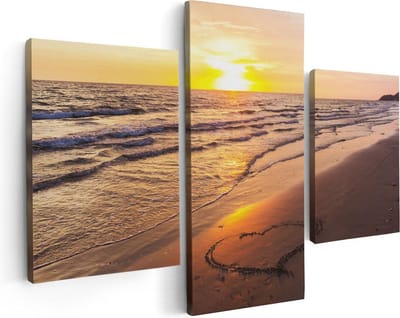 Artaza Canvas Schilderij Drieluik Zonsondergang Op Het Strand Met Een Hartje - 90x60 - Foto Op Canvas - Canvas Print