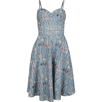 Voodoo Vixen Midi-jurk - Summer Flowers Emb Flare Dress - M tot 4XL - voor Vrouwen - blauw