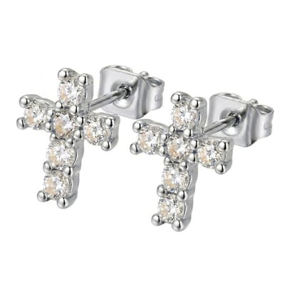 Zilverkleurige oorstekers voor dames en heren – metalen oorbellen in kruisvorm met ingelegde stenen – elegante oorstekers met glanzende afwerking
