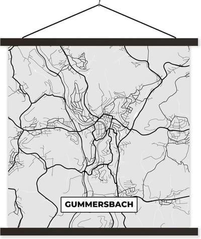 Posterhanger incl. Poster 60x60 cm - Schoolplaat - Kaart - Plattegrond - Duitsland - Gummersbach - Stadskaart - Textielposter - Zwarte latten - Stadskaart