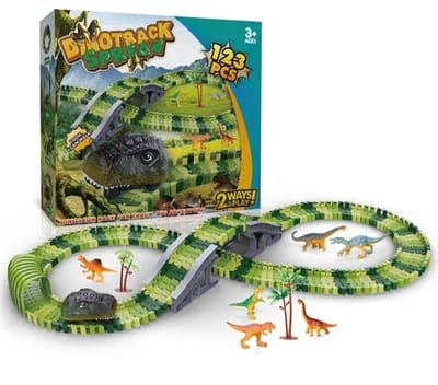 Dino Wereld Racebaan (123-Delig) - Flexibele Autobaan met Auto & Dinosaurus Figuren - Speelgoed vanaf 3 Jaar