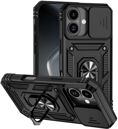 Coverup Hoesje - Geschikt voor iPhone 17 Hoesje - Coverup Armor Ring Kickstand Back Cover met Camera Shield - Zwart