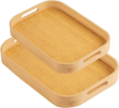 Set van 2 vierkante bamboe dienbladen, praktische houten trays met handvatten voor ontbijt, diner en feesten, ideaal voor koffie en thee.