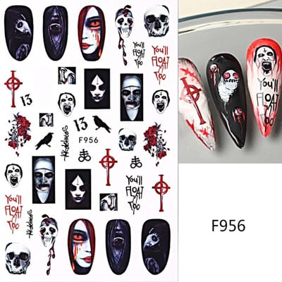 Autocollant mignon de conception d'ongles maléfique d'halloween, dessin animé vert crâne fantôme effrayant 3D Punk manucure curseur décalcomanies bricolage Nail Art F956 gray