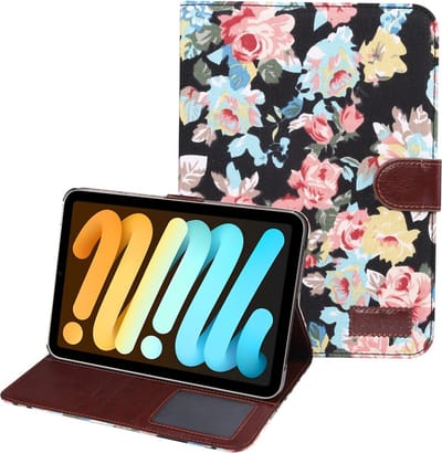 Peachy Rozen bloemenpatroon kunstlederen bookcase hoes geschikt voor iPad mini 6 2021 & iPad mini 7 2024 - zwart