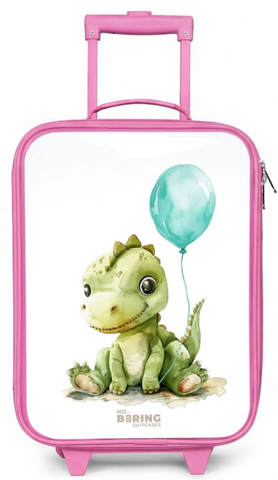 NoBoringSuitcases.com® - Kinderkoffer roze - Kindertrolley meisje - Dino met blauwe ballon - Koffer kind lichtgewicht - Reiskoffer trolley voor kinderen - Koffertje met lichtgevende wieltjes - Rolkoffer