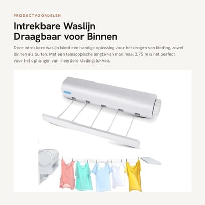 Dailygoods- Waslijn Uittrekbaar 3,75 m - Wanddroogrek - Draagbare Waslijn - Ruimtebesparend - Multifunctioneel Ontwerp - Eenvoudige Installatie - Drooglijn