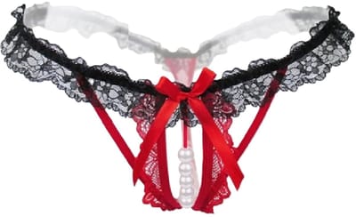 Erotische Lingerie Slipje I Sexy Slipje Met Parels I Sexy String I Open Kruis I Erotisch Ondergoed I Rood/Zwart
