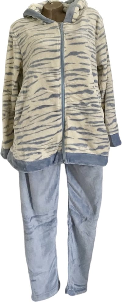 Dames fleece huispak/pyjama met zakken rits en capuchon S/M 36-38 blauw wit