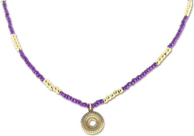 CO88 Collection 8CN-26292 Stalen Ketting met Kralen - Dames - Goudkleurig - 3 mm - Paars - 2,5 mm - Fantasie - 12 mm - Lengte 70 + 7 cm