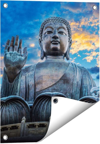 Gards Tuinposter Boeddha Beeld bij een Tempel - 40x50 cm - Tuindoek - Tuindecoratie - Wanddecoratie buiten - Tuinschilderij