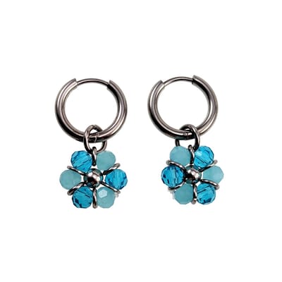 ∅14mm x 2mm Oorringen Dames - Gepolijst RVS - Turkooisblauwe Gefacetteerde Kristallen Bloem Hanger - Bungelende Oorbellen