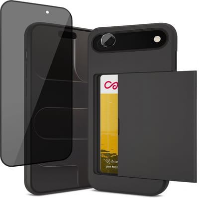 Hoesje met Pasjeshouder geschikt voor iPhone 17 Air - Privacy Screenprotector FullGuard & Camera Lens Screen Protector Zwart - Back Cover SlideCase Zwart